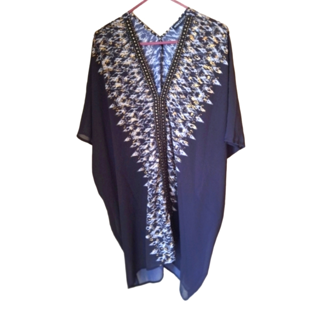 Miraclesuit Black Sheer Kimono Kaftan Dress Embellished Coverup Large, Xl